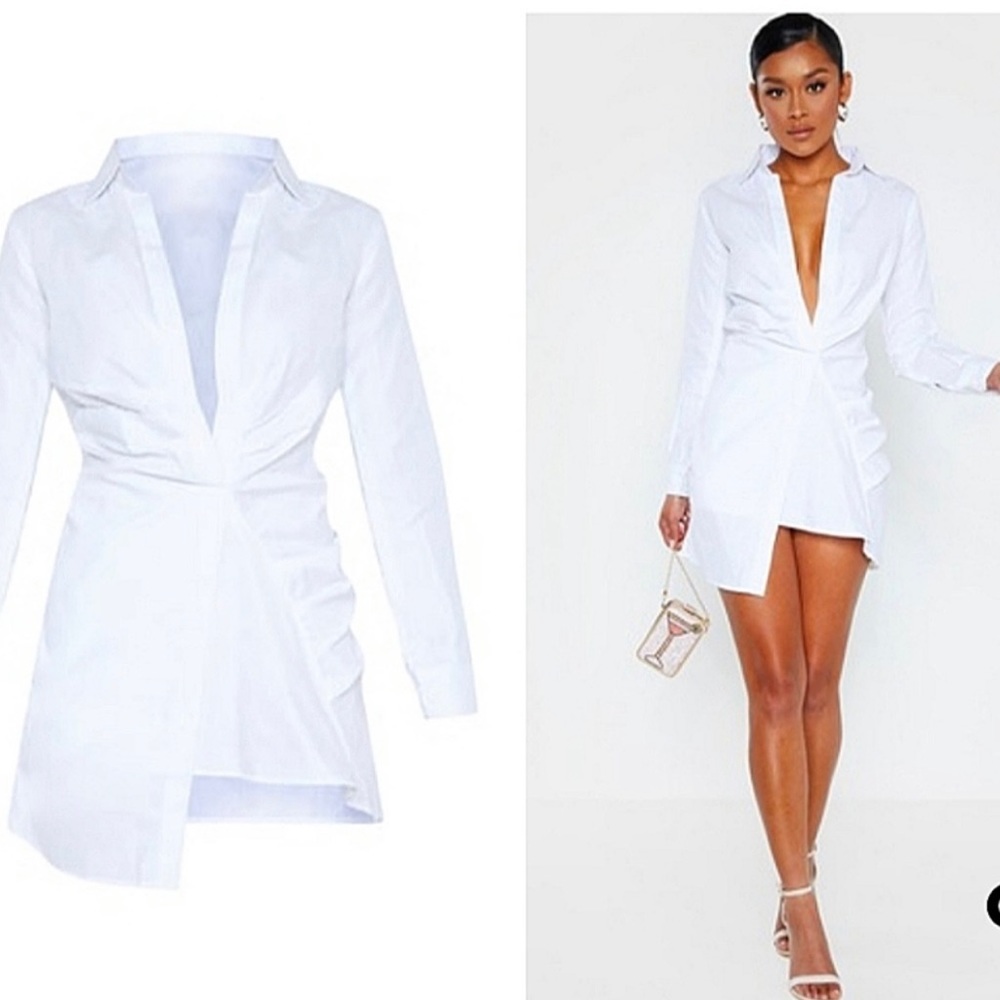 Pretty Little Thing White Ruched Front Shirt Dress Asymmetrical Long Sleeve Mini